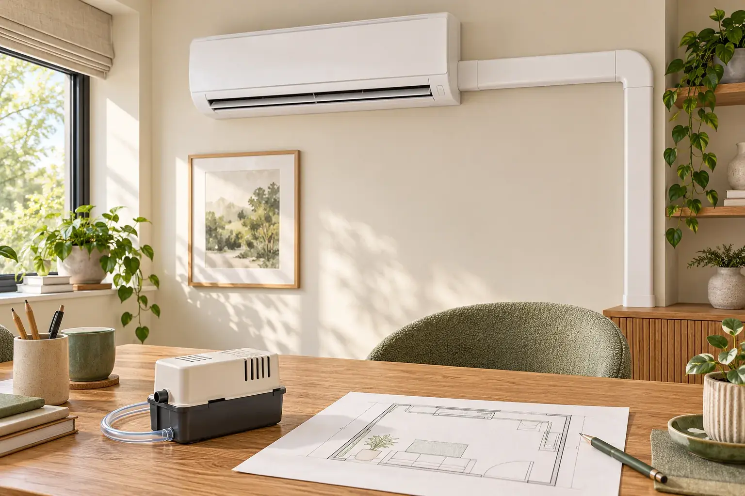 Editorial home-office concept with a wall-mounted air conditioner, white pipe covering and a condensate pump beside a survey sketch
