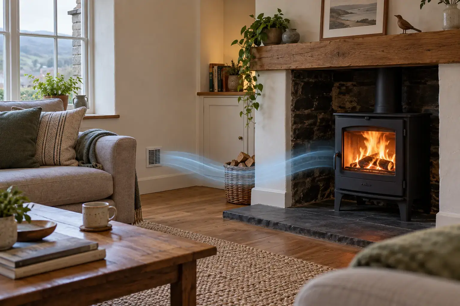 Editorial illustration of a wall air vent supplying a wood-burning stove in a Welsh living room