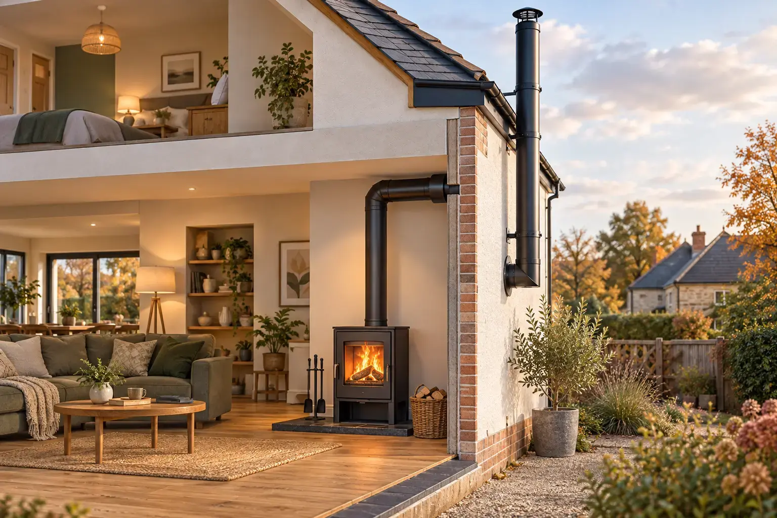 Architectural concept showing a wood-burning stove connected through an outside wall to a black insulated flue on a house without a masonry chimney