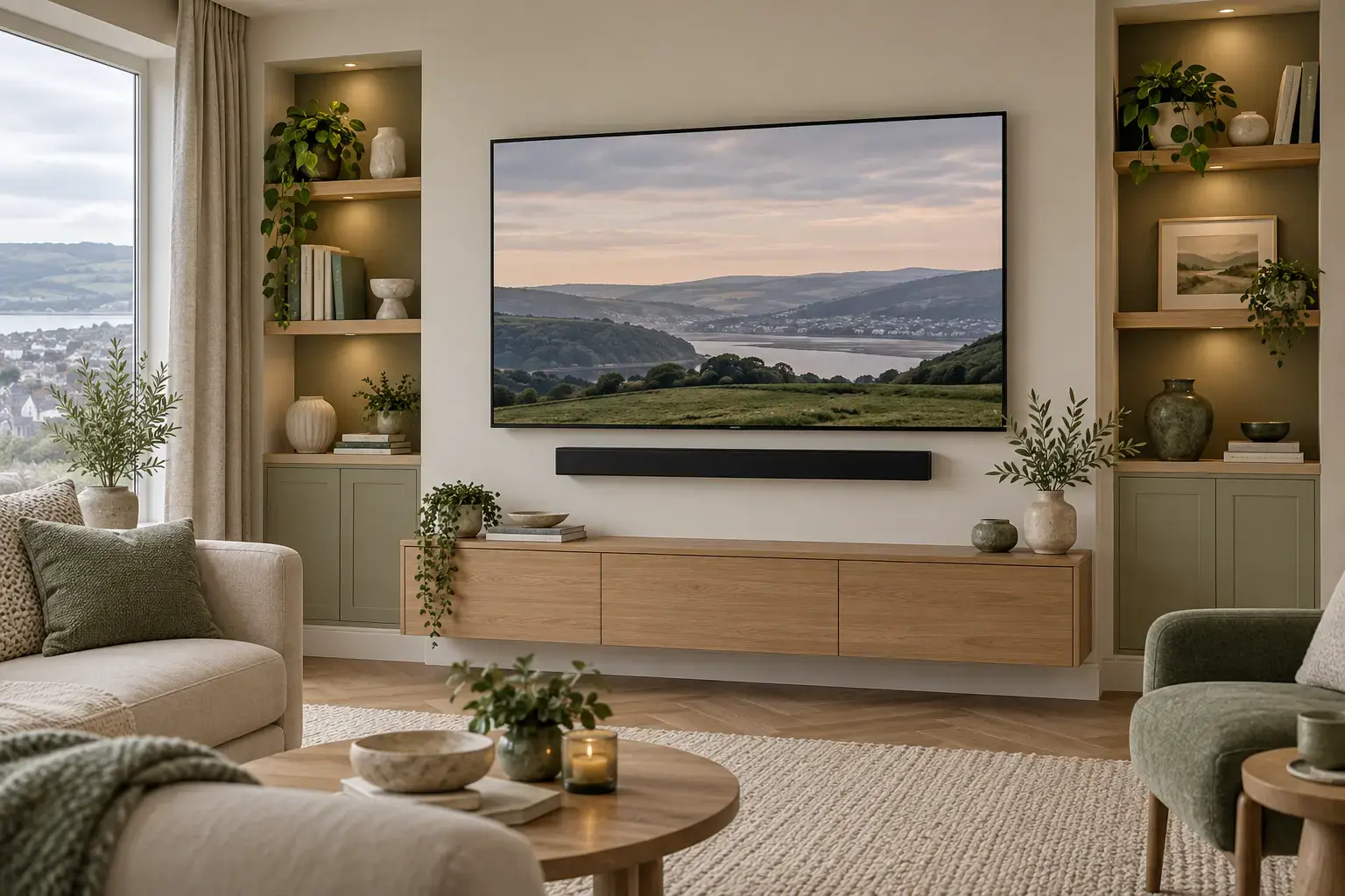 Editorial concept of a black soundbar mounted openly below a television on a cream media wall