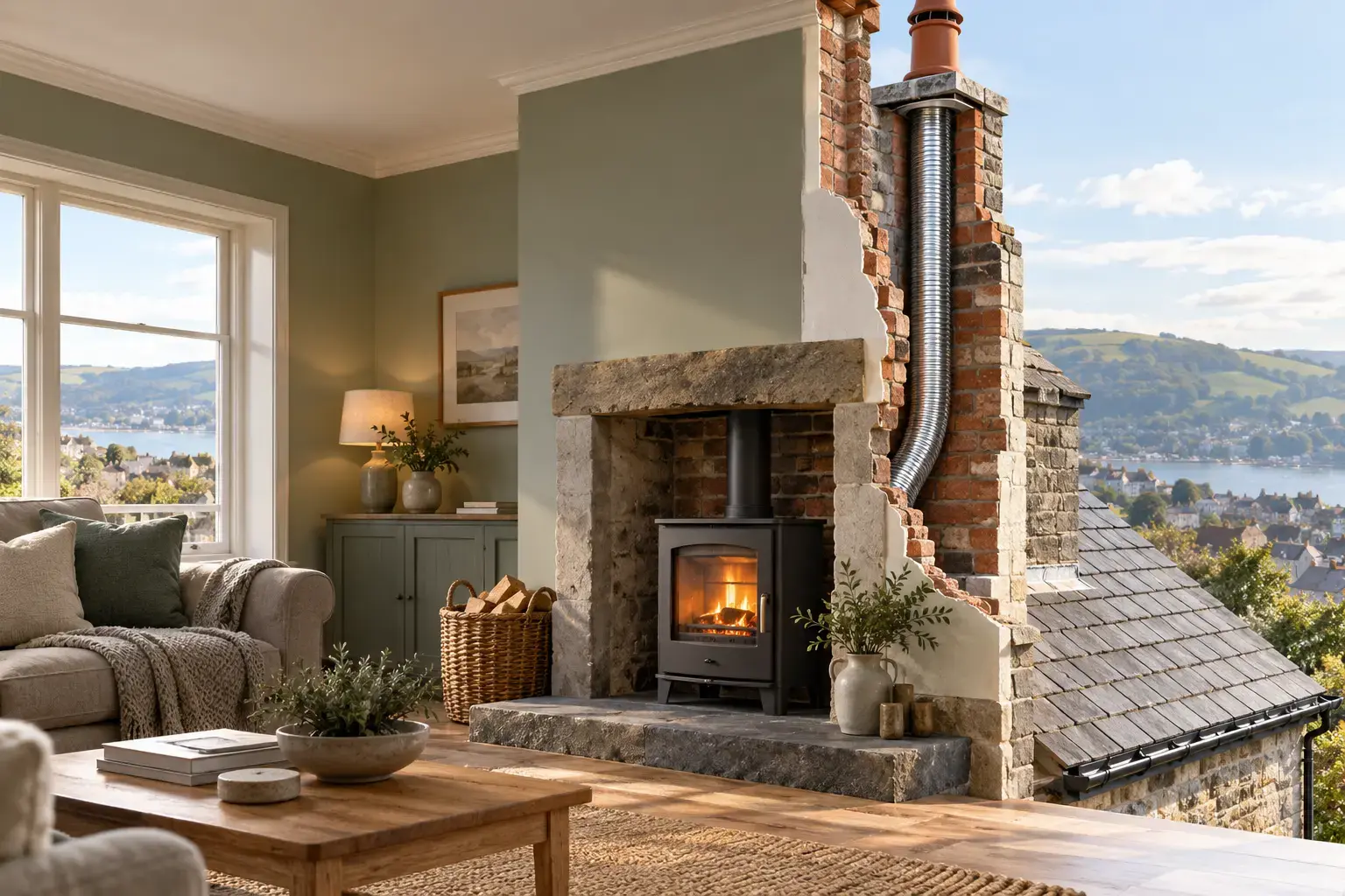 Cutaway editorial concept showing a stainless-steel flue liner inside a masonry chimney above a wood-burning stove